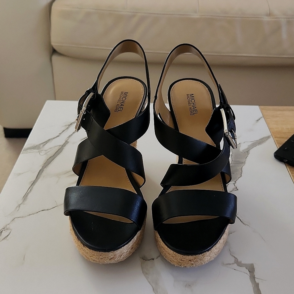 Michael Kors, Leather Espadrille Wedge Sandals, Black, Leather